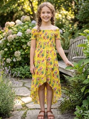 ❤️ Four for 25$ ❤️- Forever 21 Yellow Floral High-Low‎ Kids Dress Sz 10